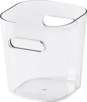 A clear plastic storage box with handles.