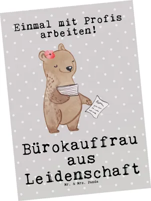 Produktbild von Mr. & Mrs. Panda Postkarte Bürokauffrau Leidenschaft - Grau Pastell - Geschenk, Grußkarte, kunstkarte, Kauffrau für Büromanagement, bildkarte, Spruch, Witzig, Postkarten