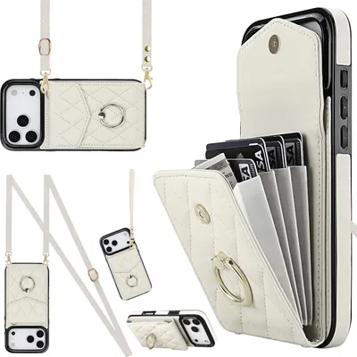 Obrázek produktu pro Crossbody pouzdro z umělé kůže pro Apple iPhone 17 Pro Max s kosočtvercovým vzorem a slotem na karty RFID, bílé