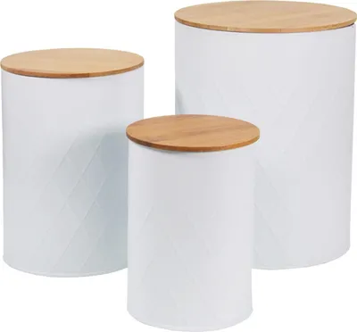 Three white storage canisters with wooden lids are arranged on a white background.