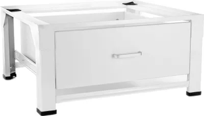 A white metal stand for a washing machine with a drawer.