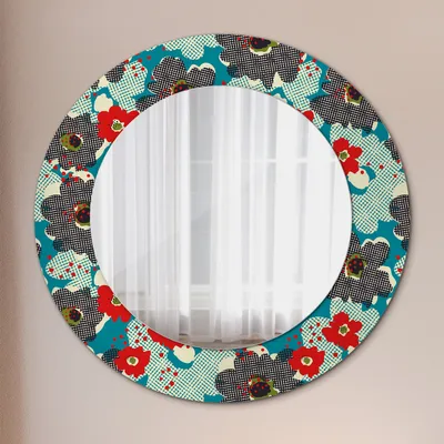Produktbild von Dekospiegel – Hängespiegel Wandspiegel Spiegel mit Aufdruck – Spiegel – Schlafzimmer - Retro Blumen Muster - Rund: Ø50cm