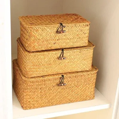 Produktbild von Wandgestell aus Natürlichen Materialien, Rattan-Box, Schiebedeckel, Wandregal, Make-up-Organizer, Küche, Wohnzimmer, Büro-Schrank, natürliche Materialien