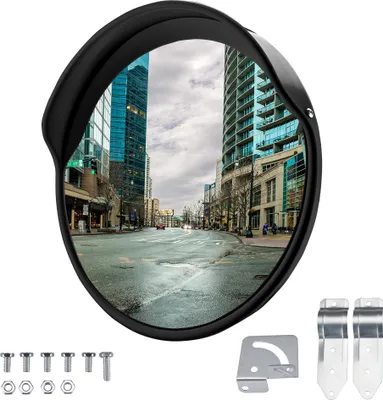 Produktbild von Wiltec Verkehrsspiegel 45 cm konvex mit Schutzhaube Schwarz, runder Sicherheitsspiegel mit 160° Sichtfeld, Konvexspiegel für Ausfahrten inkl. Montagematerial