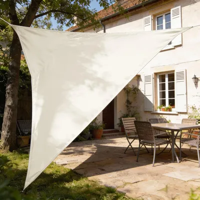 Image de Tente triangulaire imperméable 3 x 3 x 3 m, protection solaire, hydrofuge, en polyester PES haut de gamme avec protection UV, pour balcon, jardin ou terrasse, couleur crème
