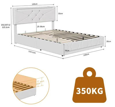 Produktbild von Bett 140x200 cm - Polsterbett - LED-Beleuchtung mit USB-Ladestation - Hydraulischer Bettkasten mit Stauraum - Lattenrost - Höhenverstellbares Kopfteil - Leinenstoff