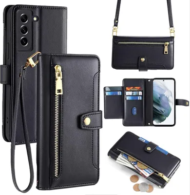 Produktbild von Handykette Samsung Hülle mit Band Handyhülle Kartenfächer Kunstleder Umhängetasche Galaxy S21+ Schwarz