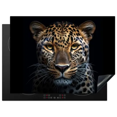 Produktbild von KitchenYeah© Herdabdeckplatte Tiere - Leopard - Porträt - Schwarz , 70x52cm, Küche Deko, Glaskeramikkochfeld Herdabdeckung, Abdeckplatte fùr Kochfeld