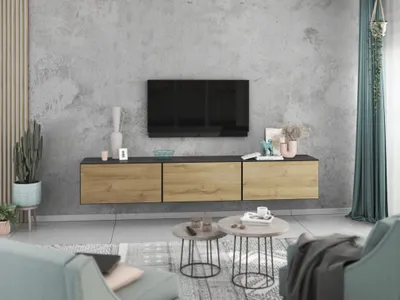 Produktbild von Lowboard VARIANTO 4, Schrank Set, anthrazit matt / Evoke Eiche griffloses TV-Board, 3 tlg., 228 cm hängend