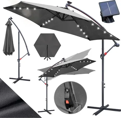 Image de Parasol Izrielar 3 m gris avec éclairage LED, parasol de jardin avec manivelle, protection solaire UV 50+, inclinable et stable, pied en croix inclus, pour terrasse ou jardin
