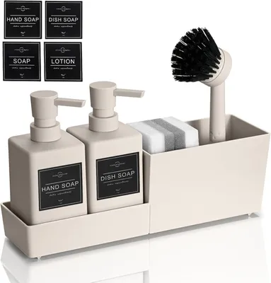 Obrázok produktu pre Dávkovač saponátu súprava béžová, 2 dávkovače mydla, špongie, kefka, držiak, pre kuchyňu