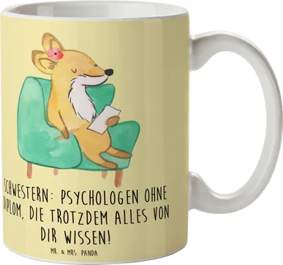 Produktbild von Mr. & Mrs. Panda Tasse Schwestern Psychologen - Gelb Pastell - Geschenk, Schwester, Becher, Geschwister, persönliche Erinnerungen, Kaffeebecher, Trinkbecher, Jubiläen