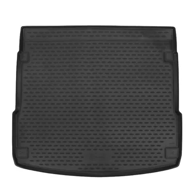 A black rubber car trunk liner viewed from above.