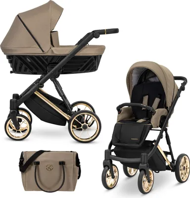 Produktbild von Kinderwagen IVENTO Sportwagen Babywagen Babyschale Komplettset Kinder Wagen Set 2 in 1 (Caramel Macchiato, Rahmenfarbe: Gold)