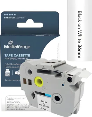 Produktbild von MediaRange Kunststoff-Schriftbandkassette, für/ersetzt Brother® TZ-261/TZe-261, permanent haftend, 36mm, 8m, laminiert, schwarz auf weiß, Schwarz, Tintenstrahl, Permanent, Brother P-Touch 3600, 900, 9200DX, 9400, 9500PC, 9600, 9700PC, 9800PCN, D800W, P900W, P950NW, 3,6 cm, 1 Stück(e)