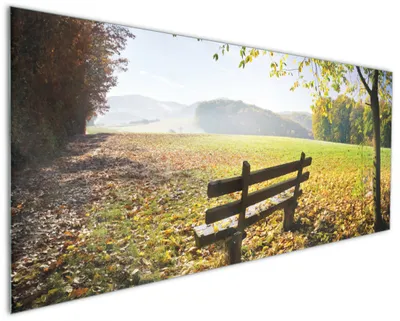 Produktbild von Wallario Küchenrückwand aus Glas, Größe: 125 x 50 cm, Motiv: Idyllische Holzbank in den Bergen | Spritzschutz | abwischbar | pflegeleicht | in