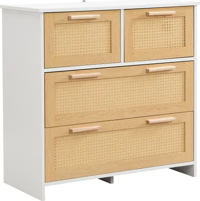 Image de Armoire en rotin de haute qualité à 4 tiroirs avec poignées en bois massif - Pour la chambre à coucher, le salon, la salle à manger, l'entrée - Blanc - L80/H80/T38 cm