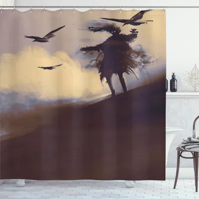 Produktbild von ABAKUHAUS Grusel Duschvorhang, Dunkle Seele Strohmann Gruselig Hügel Krähe Vogel Muster, 175 x 180 cm, Brown Mauve Beige