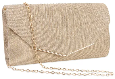 Immagine prodotto di Mini borsa da sera da donna, color oro, modello clutch, ideale anche come borsa da sposa, con catena, elegante
