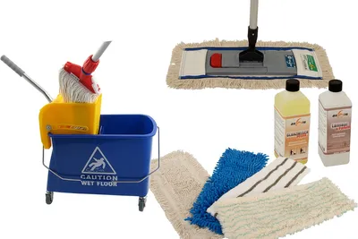 Produktbild von Axis Line Wischmop Komplettset mit Mini Fahreimer incl. Presse 17 l und Ersatzmöppe und 2 x Profi Reinigungsmittel 50 cm breit
