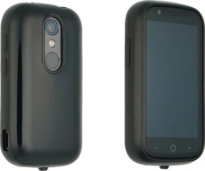 Two views of a black smartphone case, one showing the back with camera and fingerprint sensor, the other showing the front with the screen.