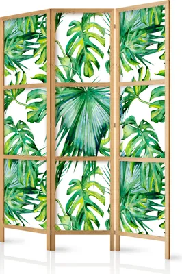 Produktbild von Paravent Monstera Blätter Natur 135x171 cm - 3-teilig - einseitig - eleganter Sichtschutz - Raumteiler - Trennwand - Raumtrenner - Holz - Design Motiv - Deko - Japan b-B-0295-z-b