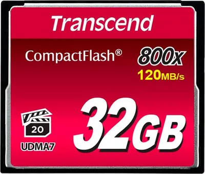 Produktbild von Transcend TS32GCF800, 32 GB, Kompaktflash, MLC, 120 MB/s, 60 MB/s, Schwarz