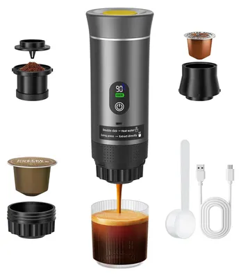 Immagine prodotto di Macchina per espresso portatile - Macchina da caffè 3-in-1 per auto e casa - Senza fili - Adatta per capsule e caffè macinato - Ideale per campeggio e viaggi - Grigia