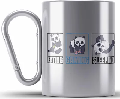 Produktbild von Trendation - Lustige Panda Edelstahl Tasse Karabiner Geschenk Gamer Gaming Zocker Geschenkidee für Jungs (Silber)