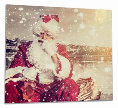 Produktbild von Wallario Herdabdeckplatte aus Glas, Größe 60 x 52 cm 1-teilig, Motiv Christmas-Party - Weihnachtsmann mit Schnaps und Zigarre