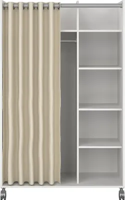 A white wardrobe with a beige curtain on the left side and shelves on the right side.