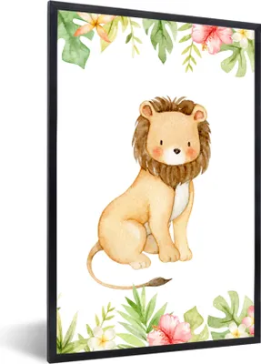 Produktbild von MuchoWow® MuchoWow® Gerahmtes Poster Löwe - Dschungel - Blumen - Blätter 20x30 cm - Poster mit zchwarzem Bilderrahmen - Drucken - Bilder Poster im Rahmen