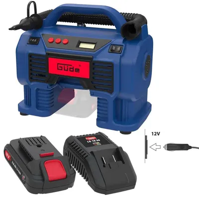 A blue Güde battery-powered compressor with two batteries and a car charger adapter.