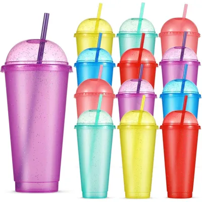 Immagine prodotto di Set da 12 bicchieri colorati con glitter, capacità 710 ml, con coperchio e cannuccia