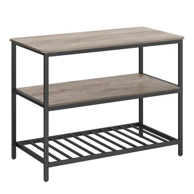 A three-tier shelving unit with a wood-grain top and shelves and a black metal frame.