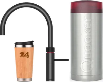 A black faucet, a wooden travel mug, and a silver Quooker bottle are arranged against a white background.