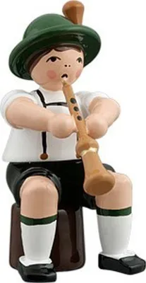Produktbild von Holzfigur Musikanten mit Hut und Schalmei sitzend Höhe 7cm NEU