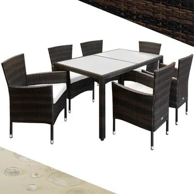Produktbild von CASARIA Gartenmöbel Set Polyrattan braun, 6 Personen. Wetterfest, stapelbar. Tisch 150x90cm (5mm Sicherheits-Milchglas), 6 Stühle, 6 Sitzauflagen (7cm Polsterstärke). Belastbarkeit 160kg. Handgewoben. Für Balkon & Terrasse.