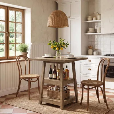 Produktbild von 90 cm hoher quadratischer Bartisch mit zweistufigen Ablagefächern – Hoher Bartisch für 2–4 Personen, Cocktailtische im Landhausstil (nur Tisch)
