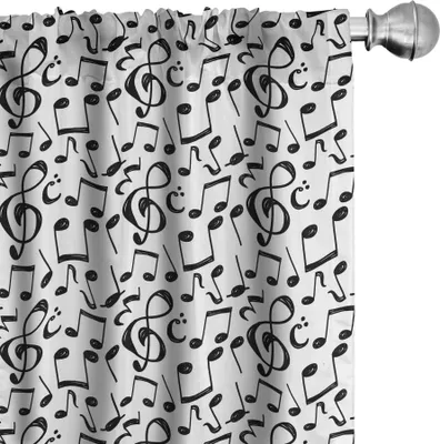 Produktbild von ABAKUHAUS Musik Vorhänge, Gardinen, Flüchtige musikalische Anmerkungen und Symbole Melodie-Unterhaltungs-Kunst-Thema-Muster, 2 Stück 75 x 245 cm, Schwarz und weiß