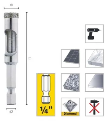 Image de Foret Diamant pour Carrelage - Céramique Dure, Granit, Verre et Porcelaine D. 6 x Lt. 60 x Lu. x Q. 6.35 mm - Diamwood