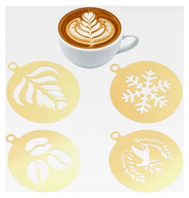 Produktbild von 4 Stück Edelstahl Latte Art Schablonen für Cappuccino, Torten und Kuchendekoration (Gold/11,5 cm)