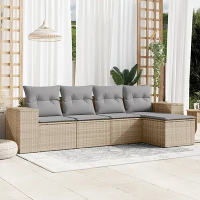 Produktbild von Design 5-tlg. Garten-Sofagarnitur mit Kissen Beige Poly Rattan, Gartensofas 2024 Neu