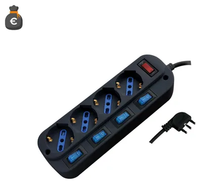 Obrázek produktu pro Alcapower 4x zásuvková lišta Schuko Bipasso, samostatný vypínač, kabel 1,5 m, ochrana proti přetížení, 3pólová italská zástrčka 16 A, černá