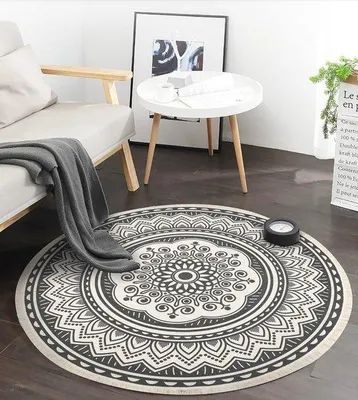 Produktbild von Famanu Rundteppich 120 cm – Baumwollteppich mit Fransen, Mandala-Muster, Dunkelgrün