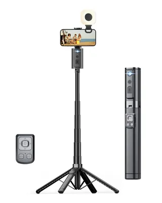 Produktbild von Auto-Tracking Handy Stativ mit Licht, 150cm 360° Selfie Stick mit Gesichtserkennung & Fernbedienung, 4-Bein Smartphone Stativ für Vlog, Schwarz