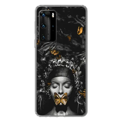 Produktbild von MuchoWow® Handyhülle Schutzhülle Hülle für Huawei P40 Pro Frau - Schmetterlinge - Schwarz - Weiß Silikon Softcase Handy Hülle - Schutz