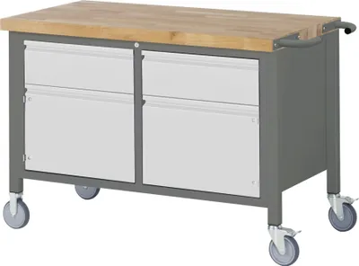 Produktbild von STIER Fahrbare Werkbank Premium, 2 Schubladen und 2 Türen, 125x70x88cm, Stahl & Buche, Montagewerkbank