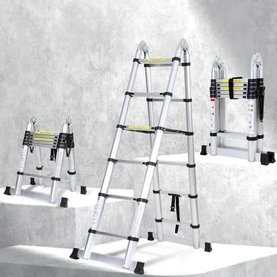 Imagen del producto de Escalera telescópica de aluminio, plegable, de 3,8 metros (1,9 + 1,9). Escalera multiusos, portátil, extensible. Escaleras telescópicas. Carga máxima: 150 kg / 330 libras. Antideslizante, color plateado
