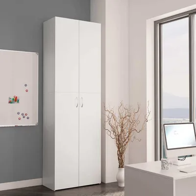 An office or storage room setting with a tall white cabinet, a whiteboard, and a window.